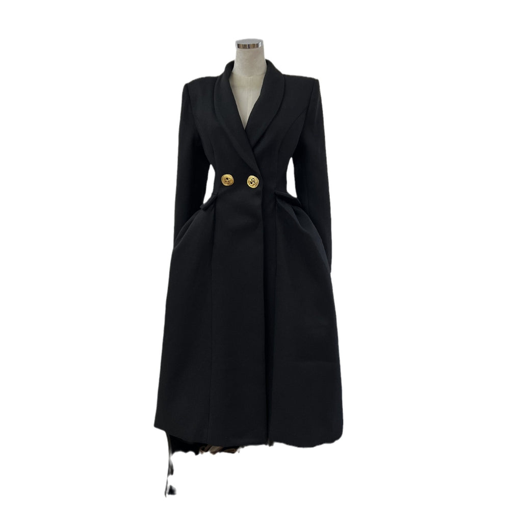 Manteau Long Cintrée en Laine – Manteau Élégant Style Britannique à Boucles