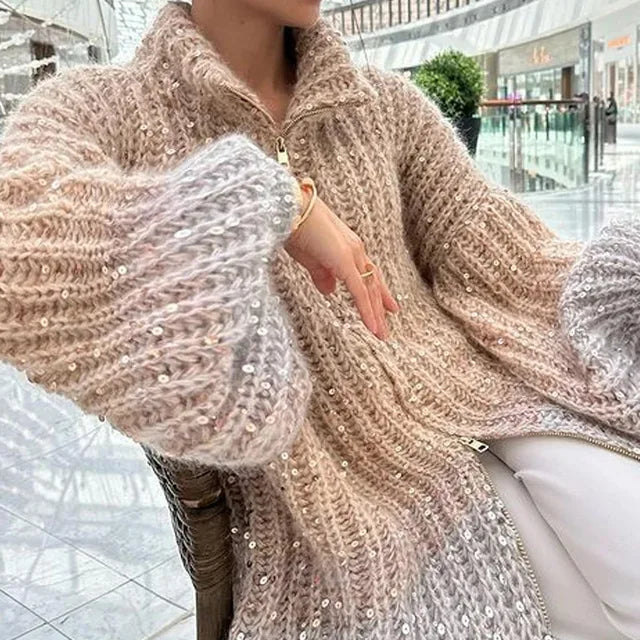 Pull Élégan à Paillettes Scintillantes – Coupe Oversize & Col Ajustable en Coton/Polyester