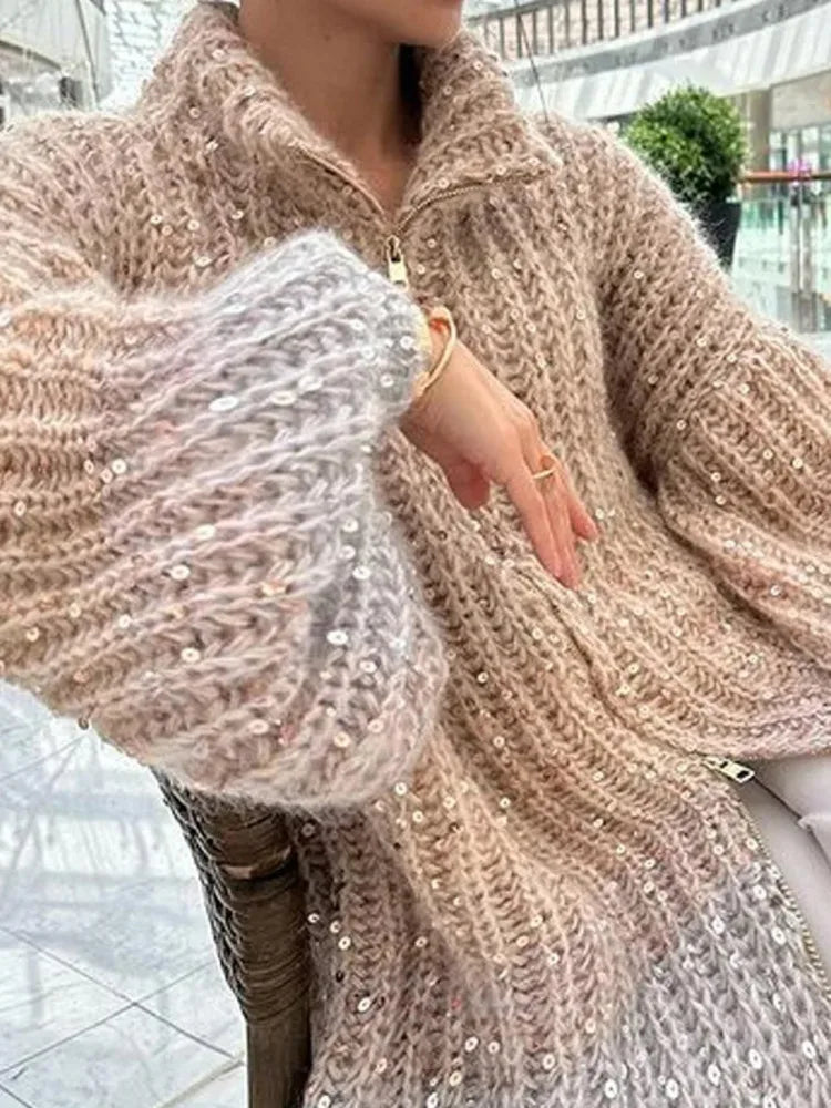 Pull Élégan à Paillettes Scintillantes – Coupe Oversize & Col Ajustable en Coton/Polyester