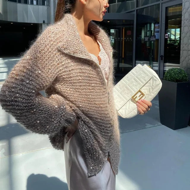 Pull Élégan à Paillettes Scintillantes – Coupe Oversize & Col Ajustable en Coton/Polyester