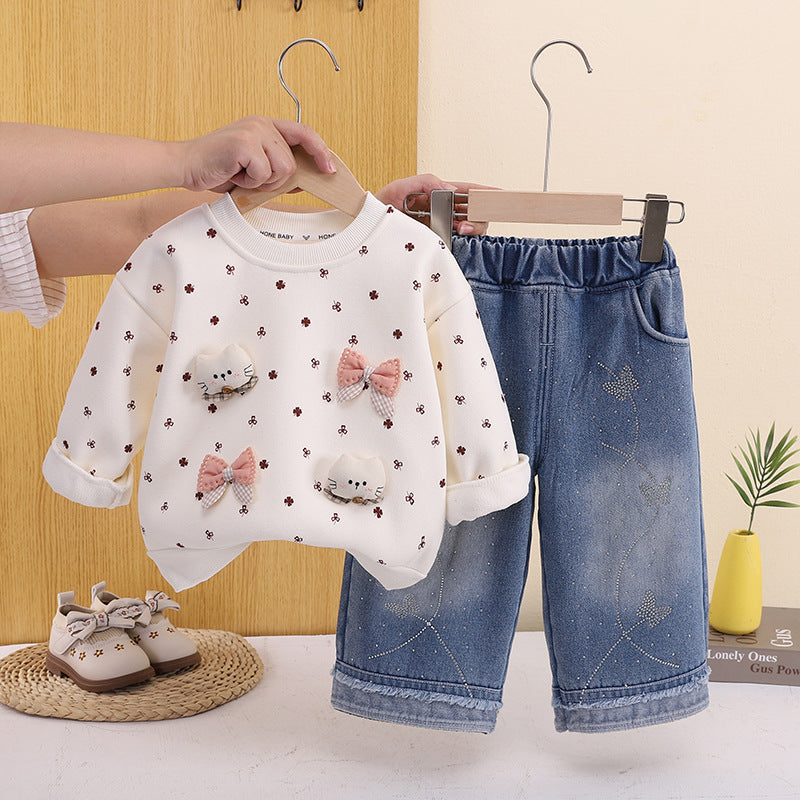 Ensemble Fille 2 Pièces Sweat Polaire Motif Chat & Pantalon Jean – Chaud & Mignon – Collection Automne Hiver