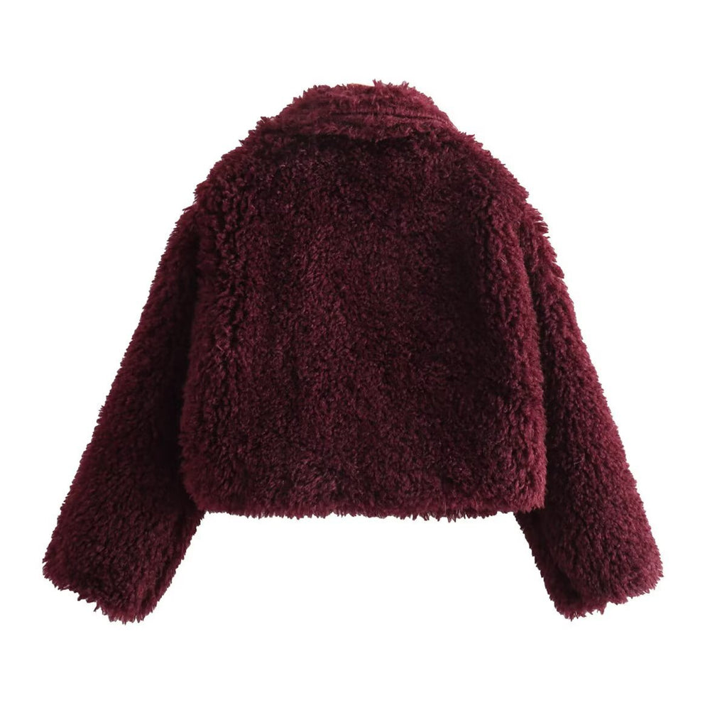 Veste Courte en Fausse Fourrure Rouge Angora – Manteau Court Col Rabattu Style Streetwear