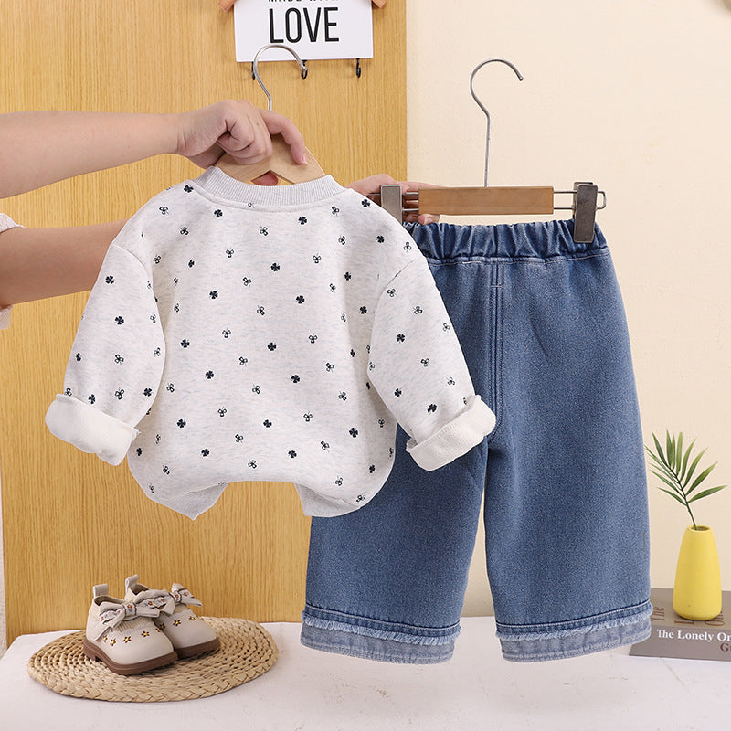 Ensemble Fille 2 Pièces Sweat Polaire Motif Chat & Pantalon Jean – Chaud & Mignon – Collection Automne Hiver