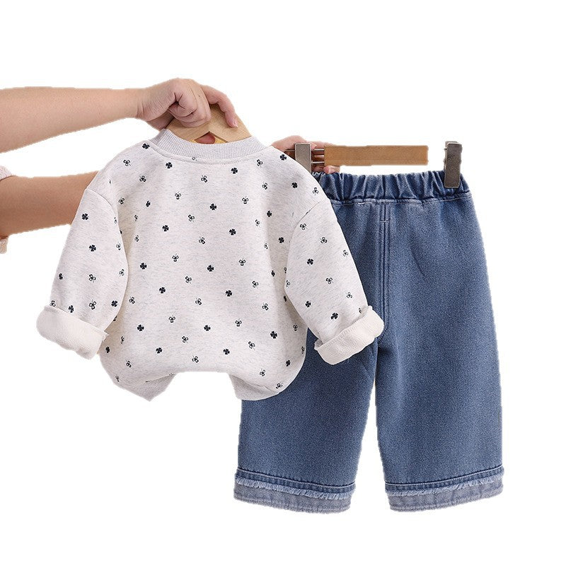Ensemble Fille 2 Pièces Sweat Polaire Motif Chat & Pantalon Jean – Chaud & Mignon – Collection Automne Hiver