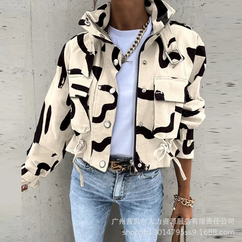 Veste Géométrique Zippée & Boutonnée Femme – Style Streetwear Urbain – Collection Automne