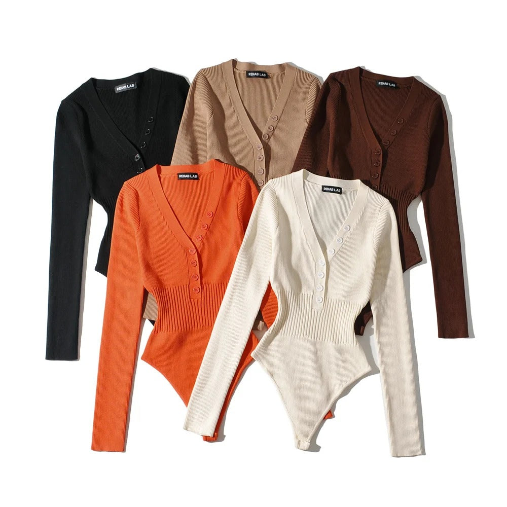 Body Femme Moulant à Manches Longues & Col V Boutonné – Coupe Slim & Confort Coton – Collection Chic & Tendance