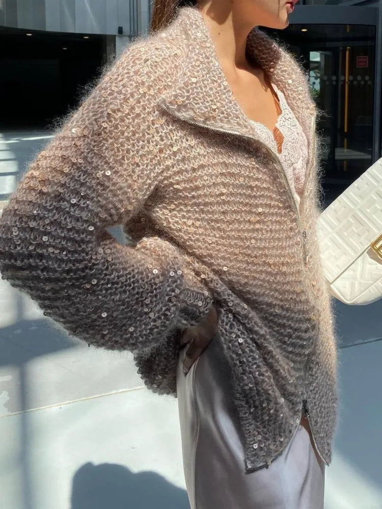 Pull Élégan à Paillettes Scintillantes – Coupe Oversize & Col Ajustable en Coton/Polyester