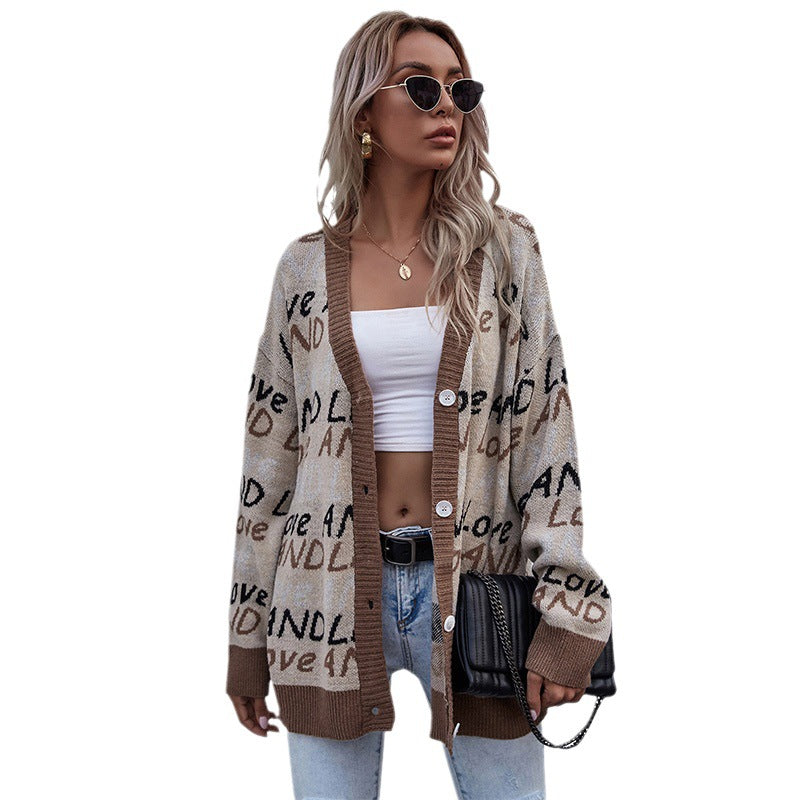 Cardigan Oversize en Maille à Imprimé Lettres – Gilet Long Col V Style Streetwear