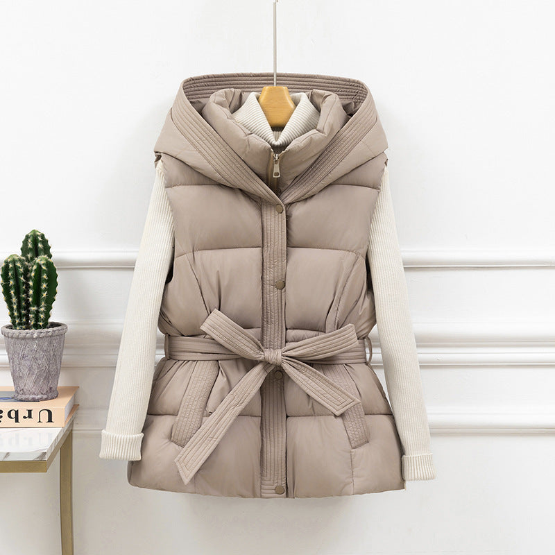 Doudoune Sans Manche à Capuche & Ceinture – Veste Courte Matelassée Style Coréen