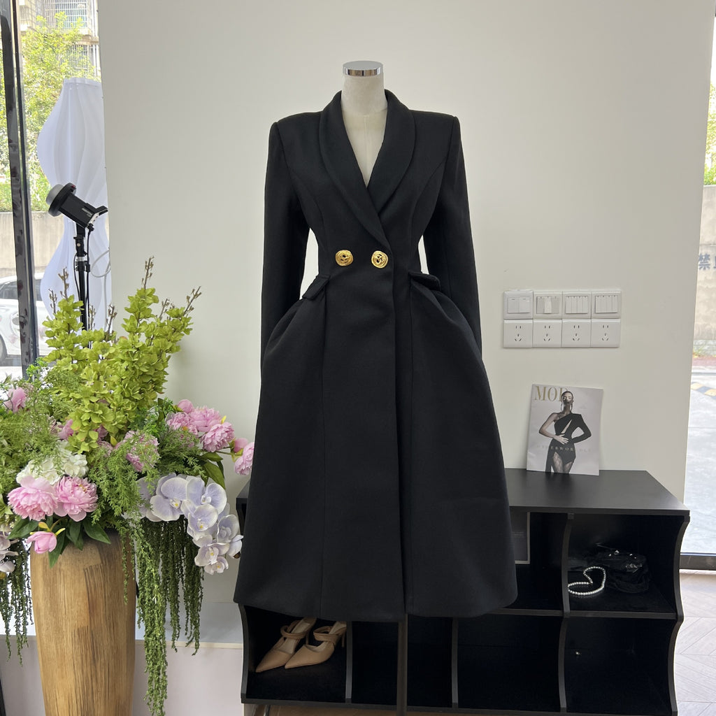 Manteau Long Cintrée en Laine – Manteau Élégant Style Britannique à Boucles