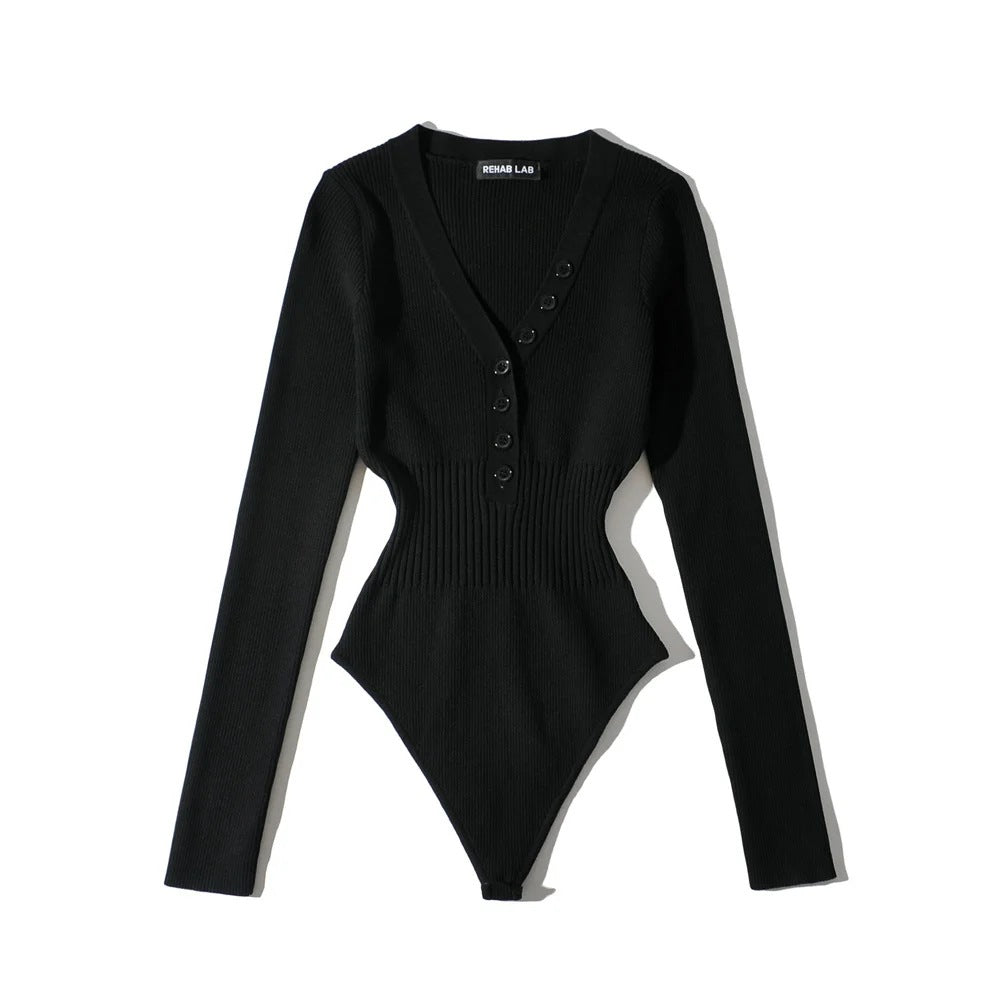 Body Femme Moulant à Manches Longues & Col V Boutonné – Coupe Slim & Confort Coton – Collection Chic & Tendance