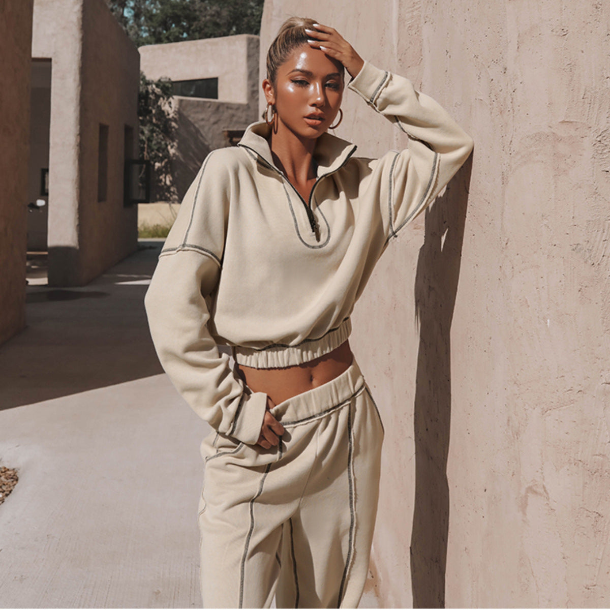 Ensemble 2 Pièces Homewear & Streetwear Femme – Sweat à Demi-Zip & Pantalon Fluid – Style Relaxed Chic