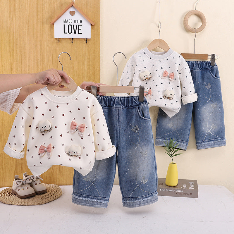Ensemble Fille 2 Pièces Sweat Polaire Motif Chat & Pantalon Jean – Chaud & Mignon – Collection Automne Hiver