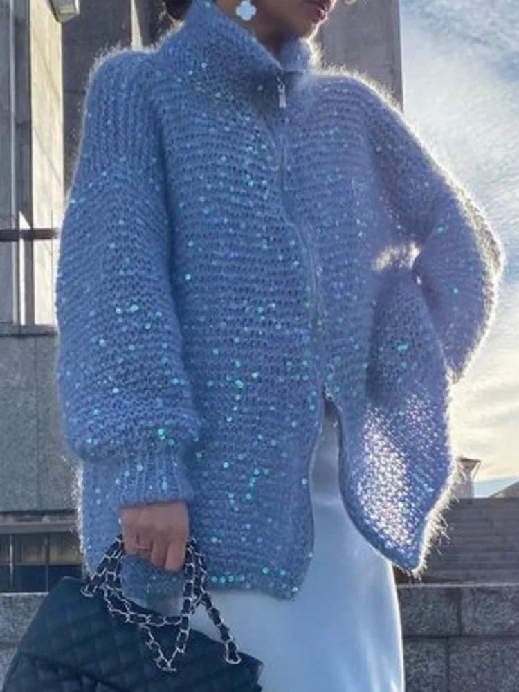 Pull Élégan à Paillettes Scintillantes – Coupe Oversize & Col Ajustable en Coton/Polyester