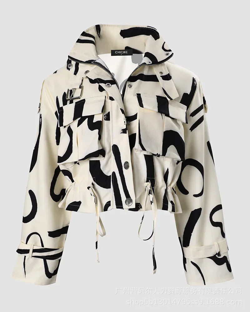 Veste Géométrique Zippée & Boutonnée Femme – Style Streetwear Urbain – Collection Automne
