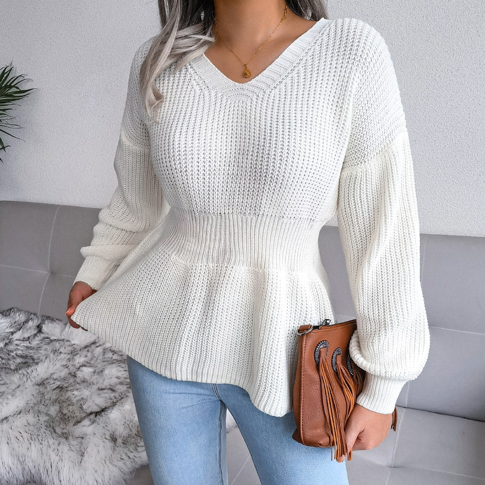 Pull Tricoté Basque Peplum Femme – Col V, Volants & Manches Bouffantes Chic