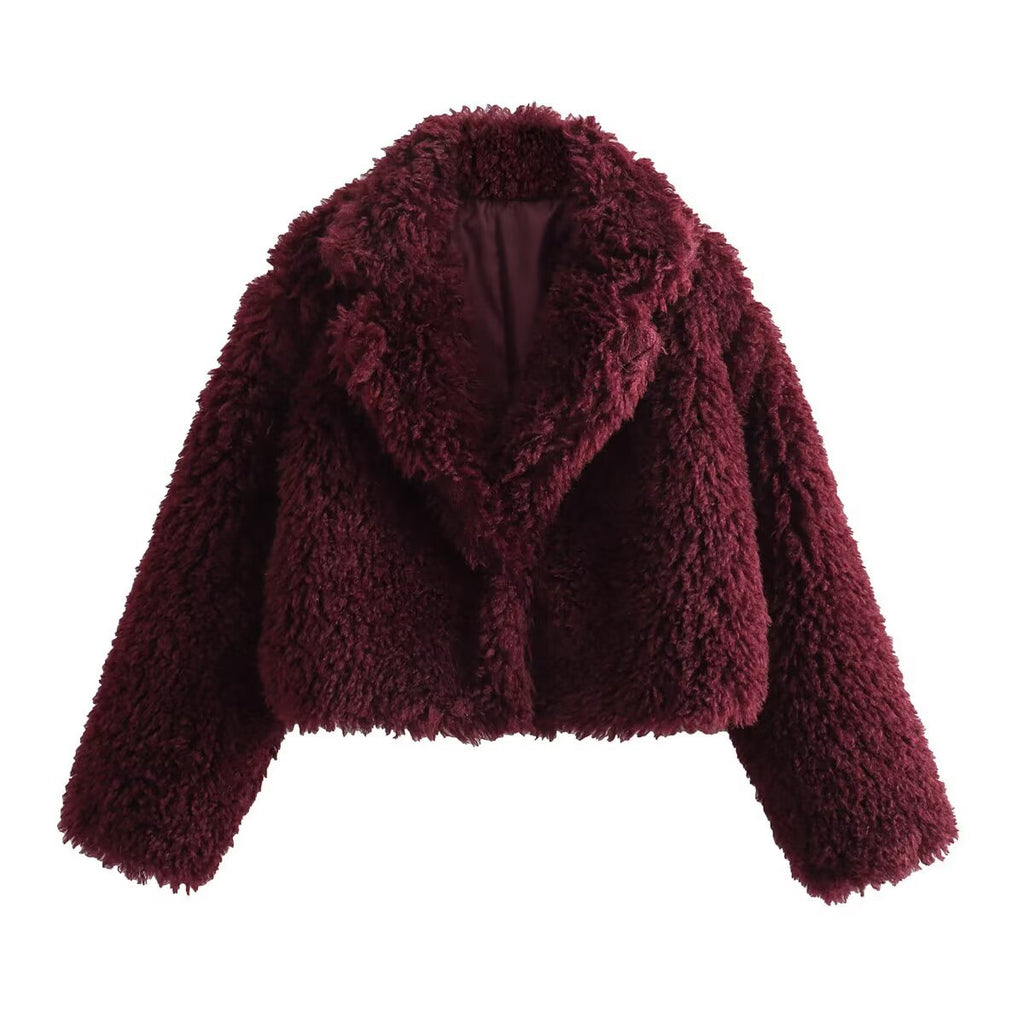 Veste Courte en Fausse Fourrure Rouge Angora – Manteau Court Col Rabattu Style Streetwear