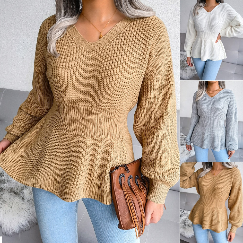 Pull Tricoté Basque Peplum Femme – Col V, Volants & Manches Bouffantes Chic