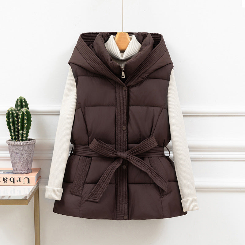 Doudoune Sans Manche à Capuche & Ceinture – Veste Courte Matelassée Style Coréen