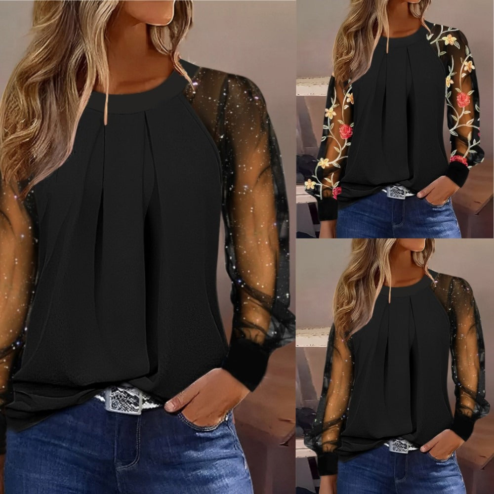Haut Éléphant Manches Bouffantes en Dentelle Broderie Florale – Blouse Chic & Décontractée
