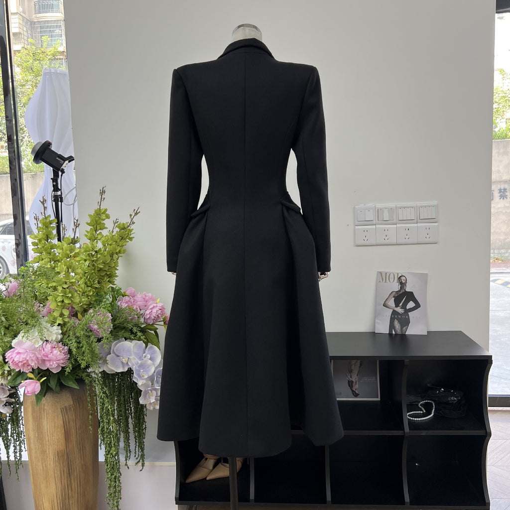 Manteau Long Cintrée en Laine – Manteau Élégant Style Britannique à Boucles