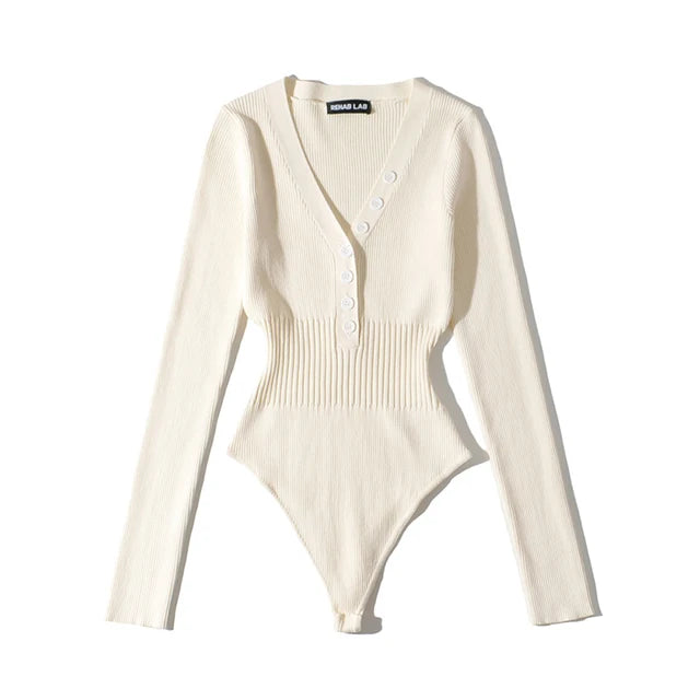 Body Femme Moulant à Manches Longues & Col V Boutonné – Coupe Slim & Confort Coton – Collection Chic & Tendance