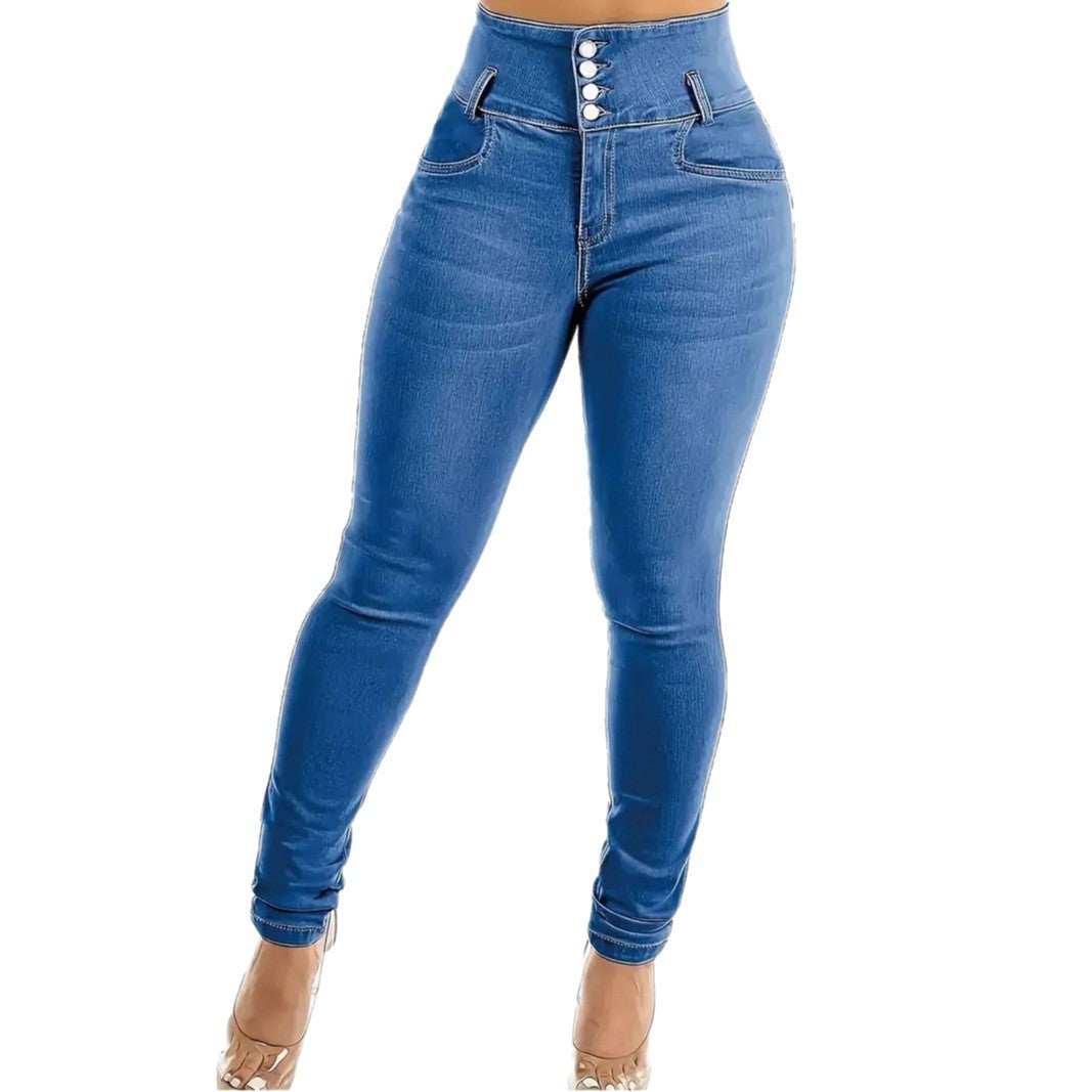 Jean Skinny Taille Haute Délavé – Coupe Sculptante & Effet Push-Up