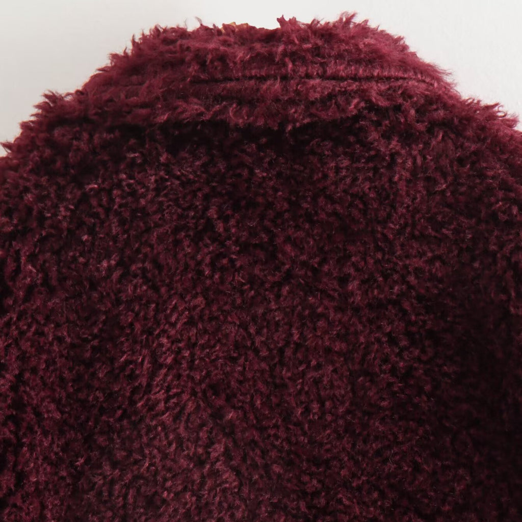 Veste Courte en Fausse Fourrure Rouge Angora – Manteau Court Col Rabattu Style Streetwear