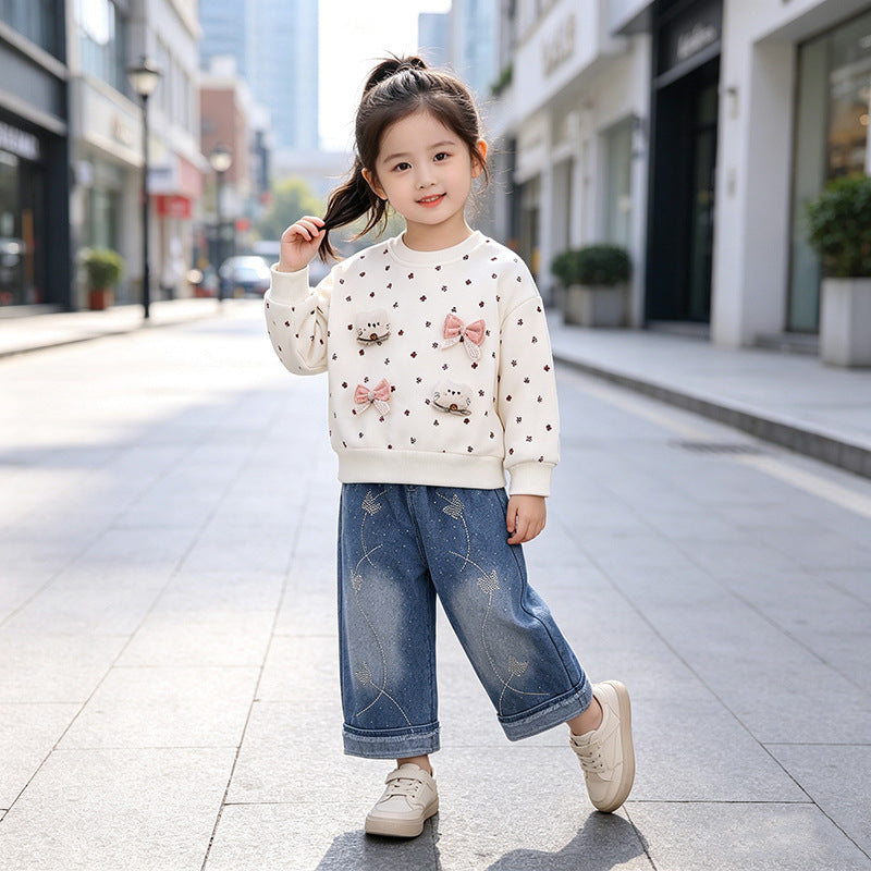Ensemble Fille 2 Pièces Sweat Polaire Motif Chat & Pantalon Jean – Chaud & Mignon – Collection Automne Hiver