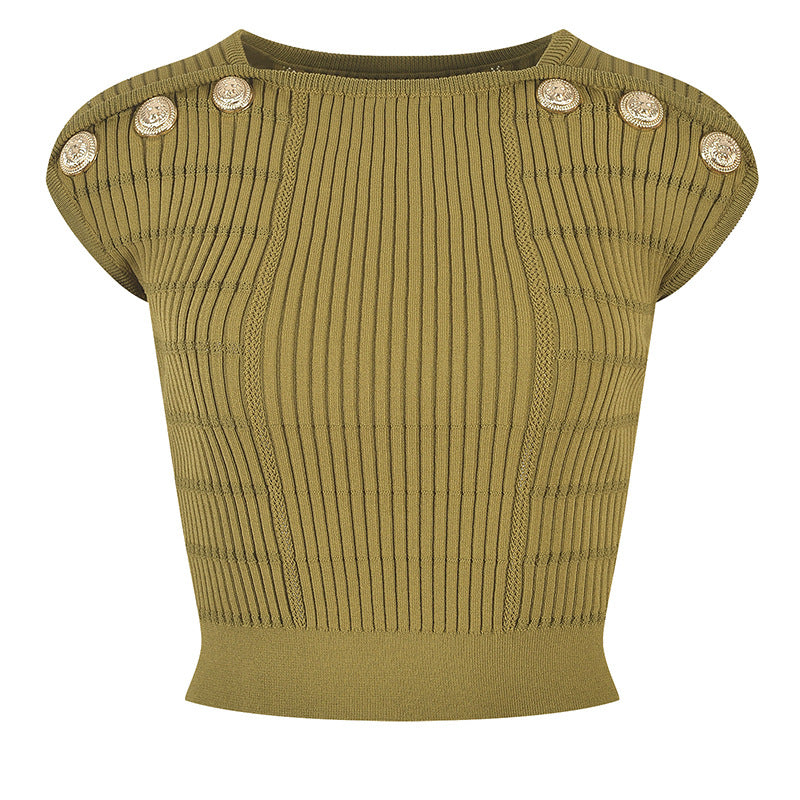 Débardeur Court Tricoté à Boutons Dorés – Crop Top Ajusté Élégant en Coton et Lin