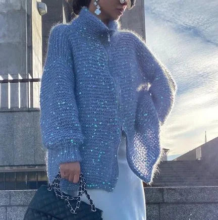Pull Élégan à Paillettes Scintillantes – Coupe Oversize & Col Ajustable en Coton/Polyester