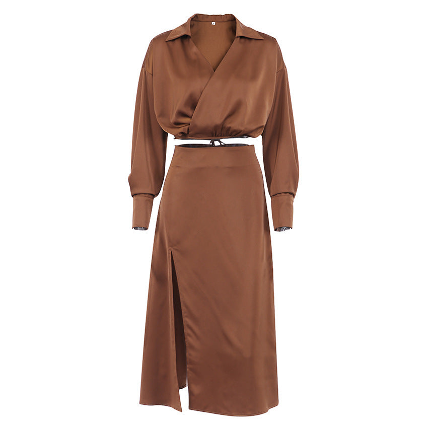 Ensemble 2 Pièces Satiné Marron – Top & Jupe Longue Fendue Style Rétro Chic