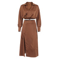 Ensemble 2 Pièces Satiné Marron – Top & Jupe Longue Fendue Style Rétro Chic