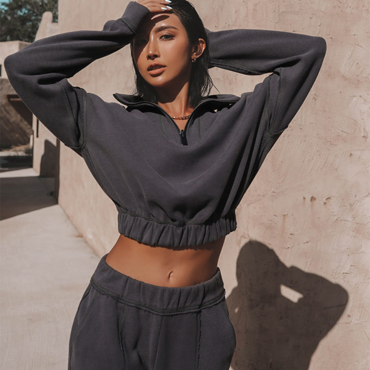Ensemble 2 Pièces Homewear & Streetwear Femme – Sweat à Demi-Zip & Pantalon Fluid – Style Relaxed Chic