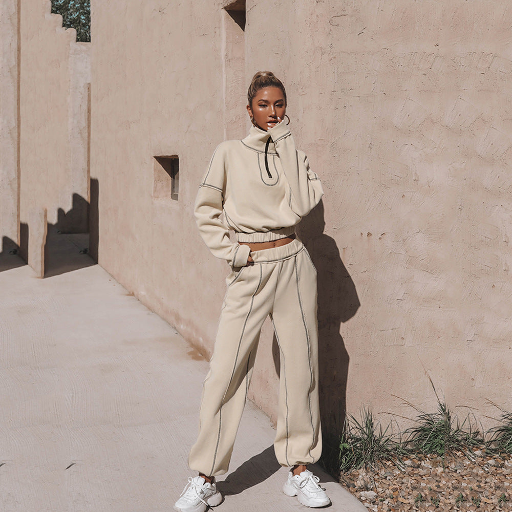 Ensemble 2 Pièces Homewear & Streetwear Femme – Sweat à Demi-Zip & Pantalon Fluid – Style Relaxed Chic