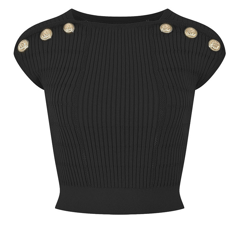 Débardeur Court Tricoté à Boutons Dorés – Crop Top Ajusté Élégant en Coton et Lin