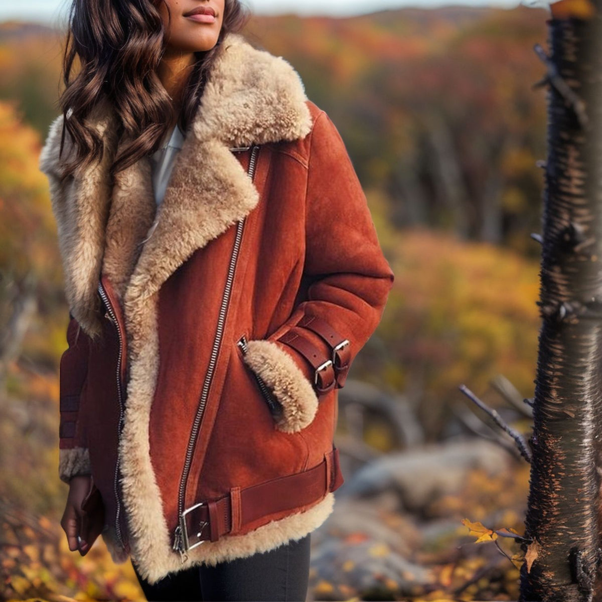 Manteau Bombardier en Suédine & Doublure Moumoute – Manteau Hiver Femme Style Western