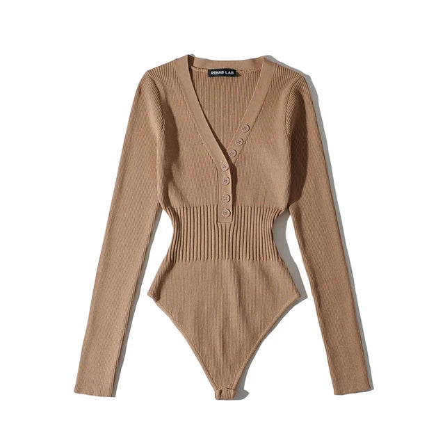 Body Femme Moulant à Manches Longues & Col V Boutonné – Coupe Slim & Confort Coton – Collection Chic & Tendance