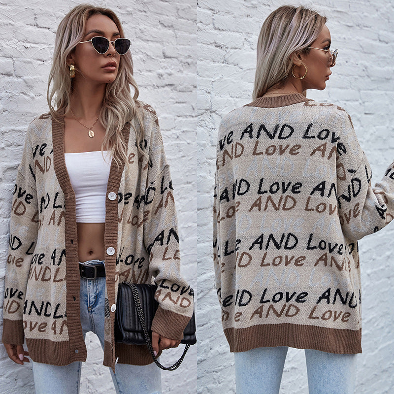 Cardigan Oversize en Maille à Imprimé Lettres – Gilet Long Col V Style Streetwear