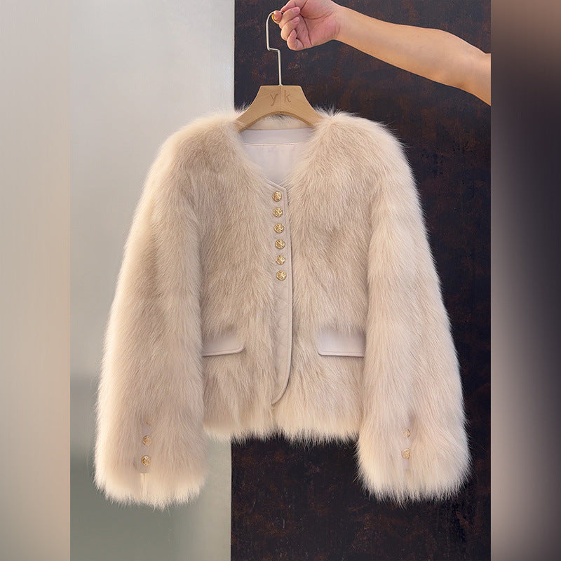 Manteau Court en Fausse Fourrure Col V – Veste Chic & Douillette Femme