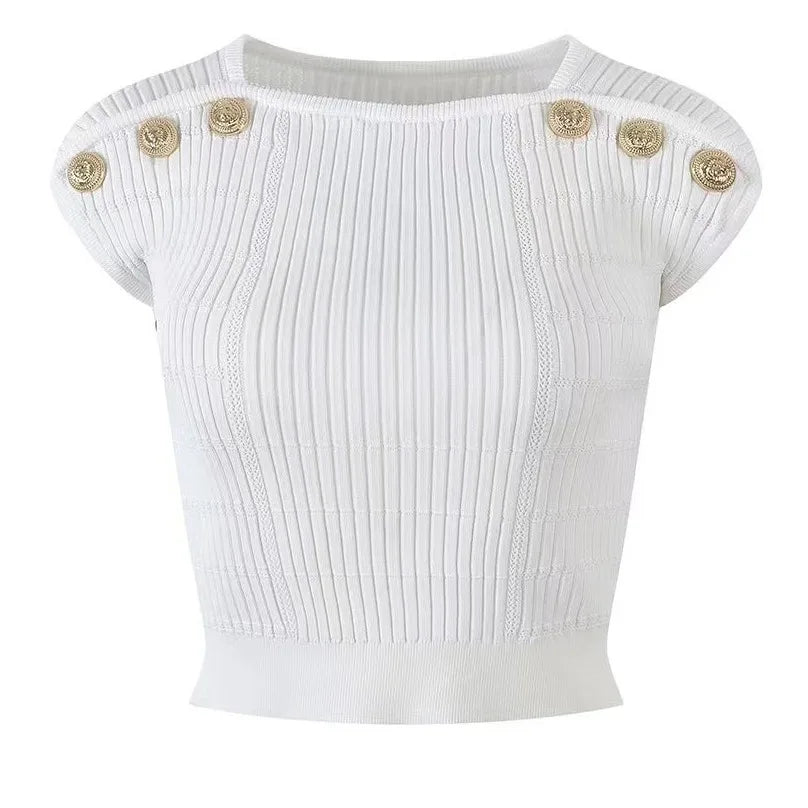Débardeur Court Tricoté à Boutons Dorés – Crop Top Ajusté Élégant en Coton et Lin