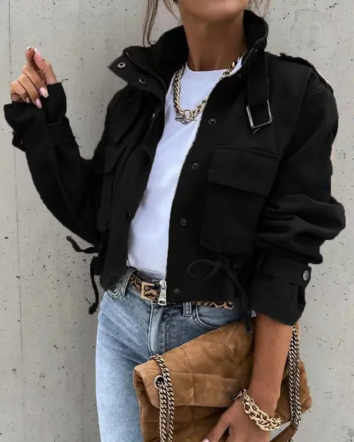 Veste Géométrique Zippée & Boutonnée Femme – Style Streetwear Urbain – Collection Automne