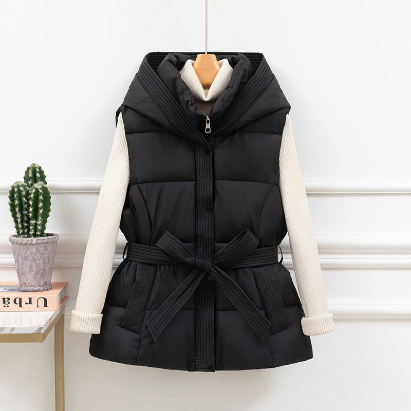 Doudoune Sans Manche à Capuche & Ceinture – Veste Courte Matelassée Style Coréen