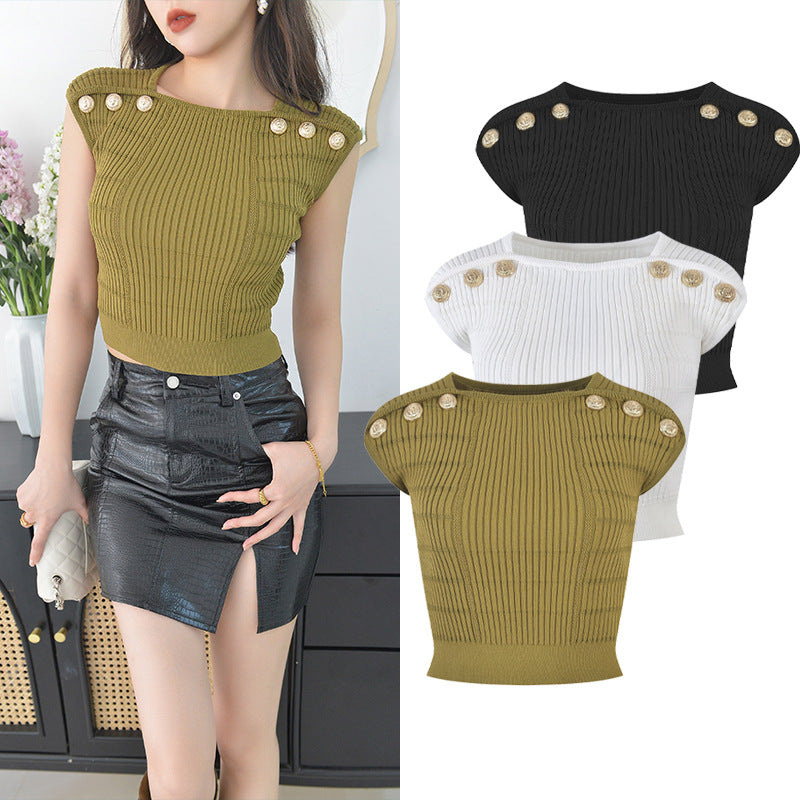 Débardeur Court Tricoté à Boutons Dorés – Crop Top Ajusté Élégant en Coton et Lin
