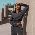 Ensemble 2 Pièces Homewear & Streetwear Femme – Sweat à Demi-Zip & Pantalon Fluid – Style Relaxed Chic
