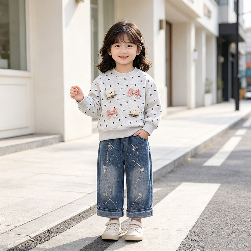 Ensemble Fille 2 Pièces Sweat Polaire Motif Chat & Pantalon Jean – Chaud & Mignon – Collection Automne Hiver