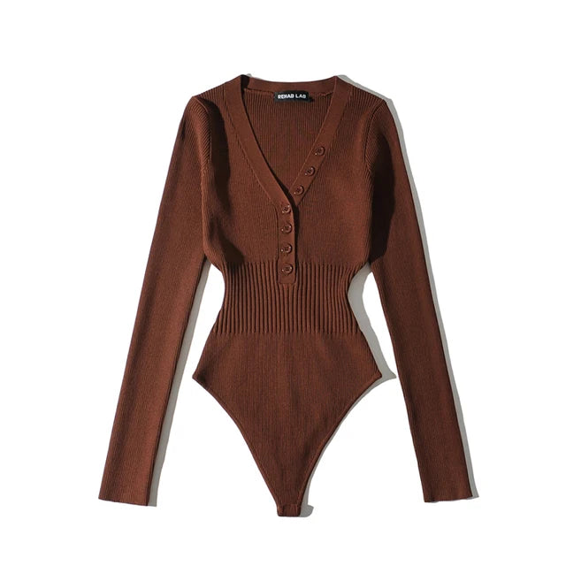 Body Femme Moulant à Manches Longues & Col V Boutonné – Coupe Slim & Confort Coton – Collection Chic & Tendance