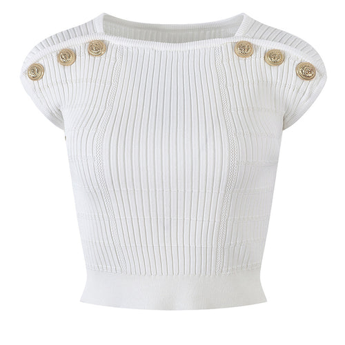 Débardeur Court Tricoté à Boutons Dorés – Crop Top Ajusté Élégant en Coton et Lin