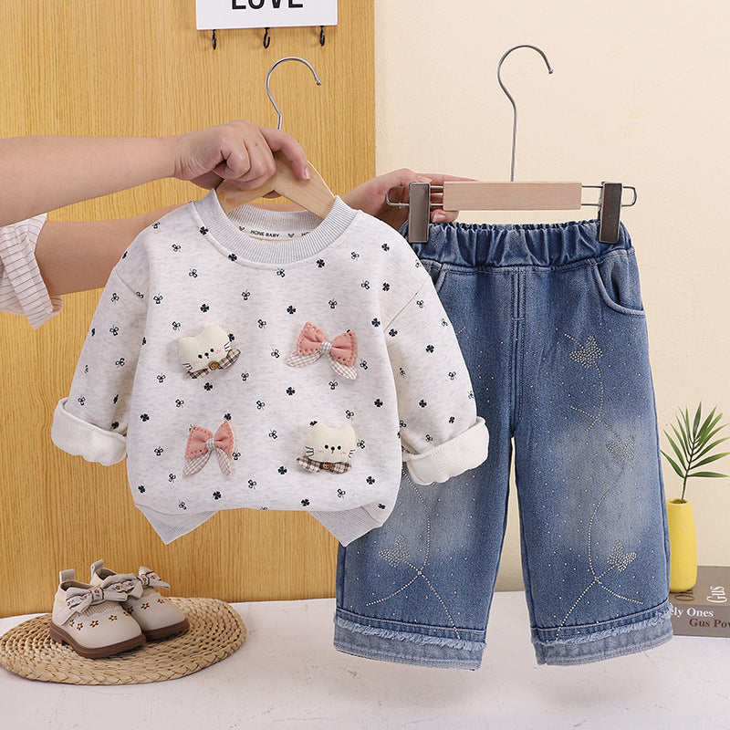 Ensemble Fille 2 Pièces Sweat Polaire Motif Chat & Pantalon Jean – Chaud & Mignon – Collection Automne Hiver