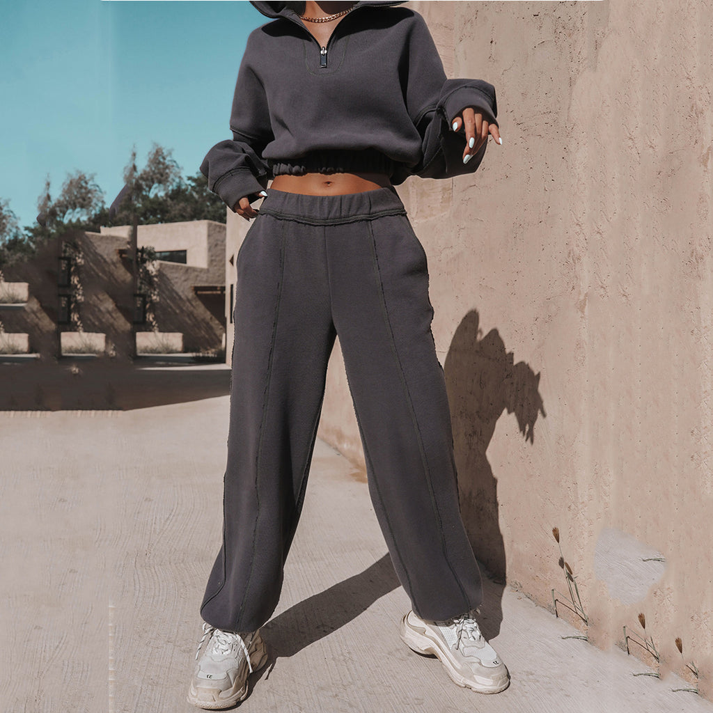 Ensemble 2 Pièces Homewear & Streetwear Femme – Sweat à Demi-Zip & Pantalon Fluid – Style Relaxed Chic
